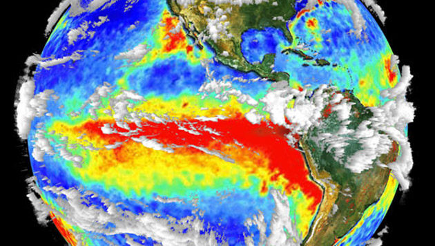3-D cloud and surface temperature data are combined in this image, which shows a well-developed El Niño condition.