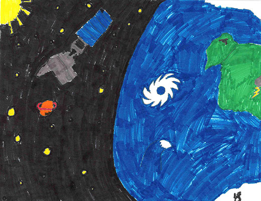 User submitted drawing of the GOES-T spacecraft orbiting Earth, where a hurricane is visible.