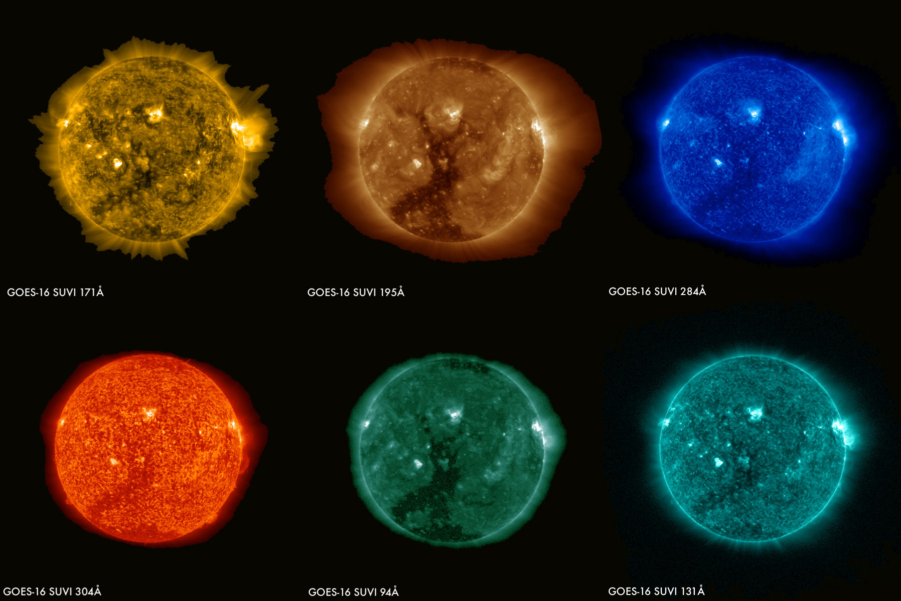 These images of the sun were captured at the same time on January 29, 2017 by the six channels on the SUVI instrument on board GOES-16.